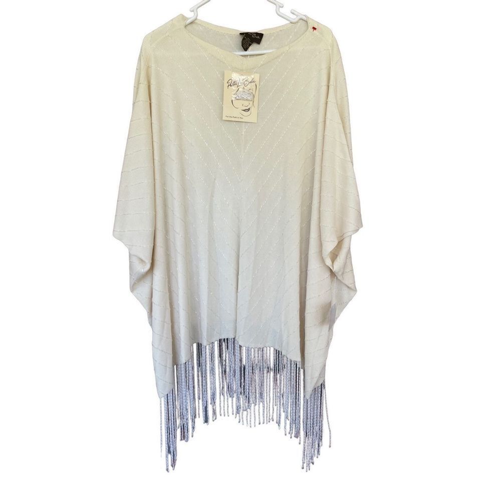 Patti LaBelle Womens Beige Boatneck Metallic Thread Missy Fringe Poncho One Size